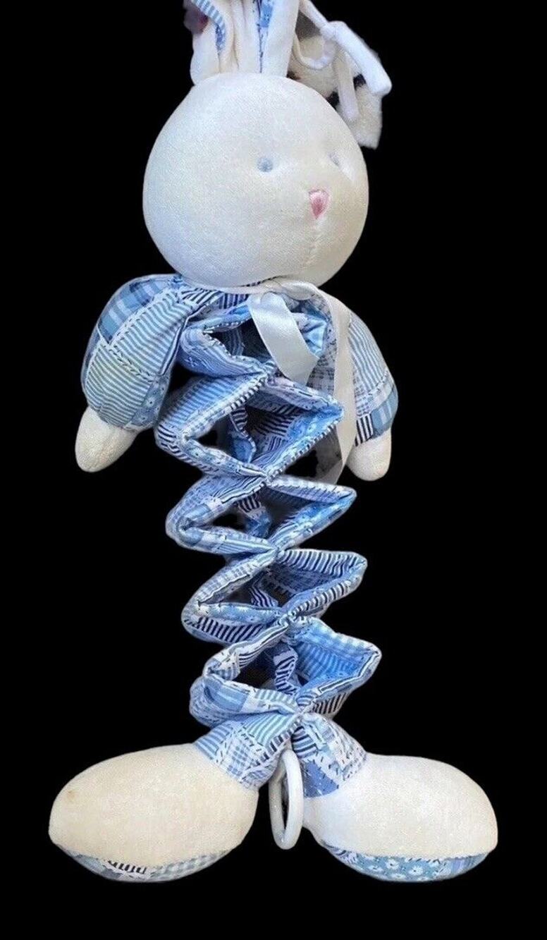 Vtg First Peek Plush Bunny Rabbit Blue Pull String Toy Musical Rock A Bye Baby